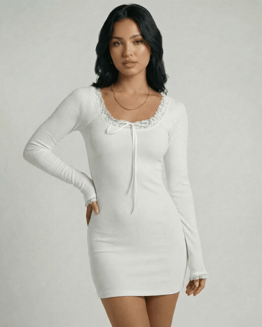 Ivorya Mini Dress by Lauven featuring lace trim O-neck and slim pencil silhouette in elegant white.