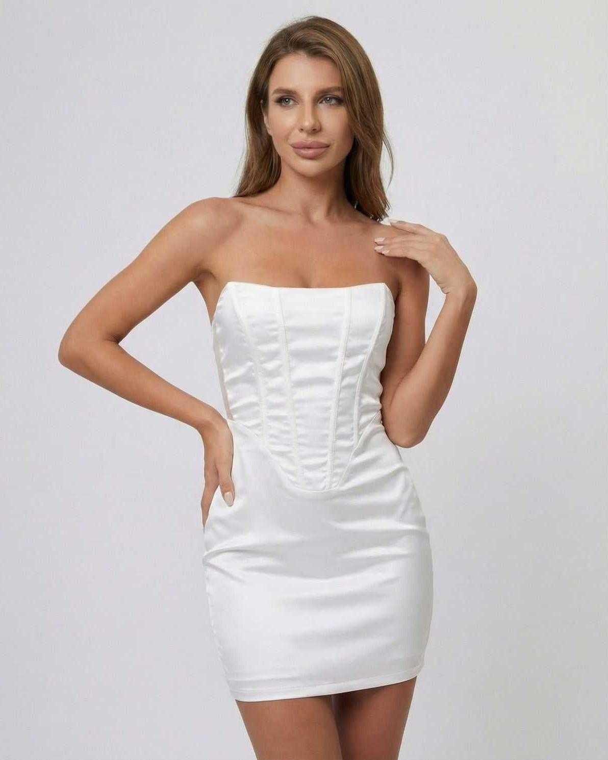 Ivorya Mini Dress by Lauven, a stylish strapless satin-effect pencil dress with structured bodice and fishbone detailing.