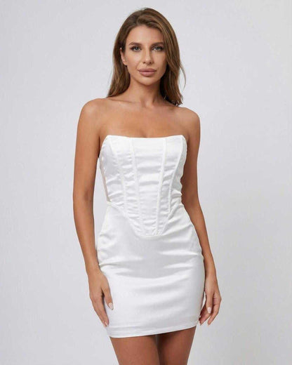 Ivorya Mini Dress by Lauven, strapless satin-effect pencil mini dress with structured bodice and fishbone detailing.