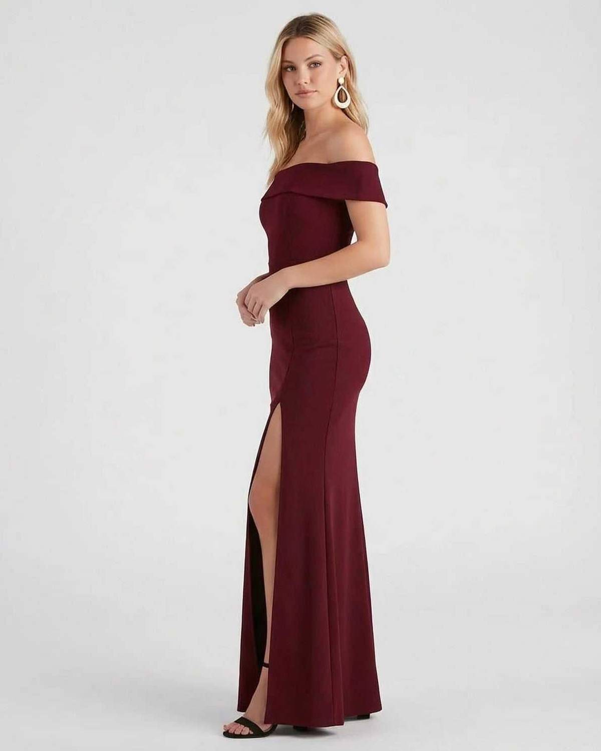 Kate Maxi Dress by Lauven - Elegant off-the-shoulder crepe knit dress in burgundy with leg slit.