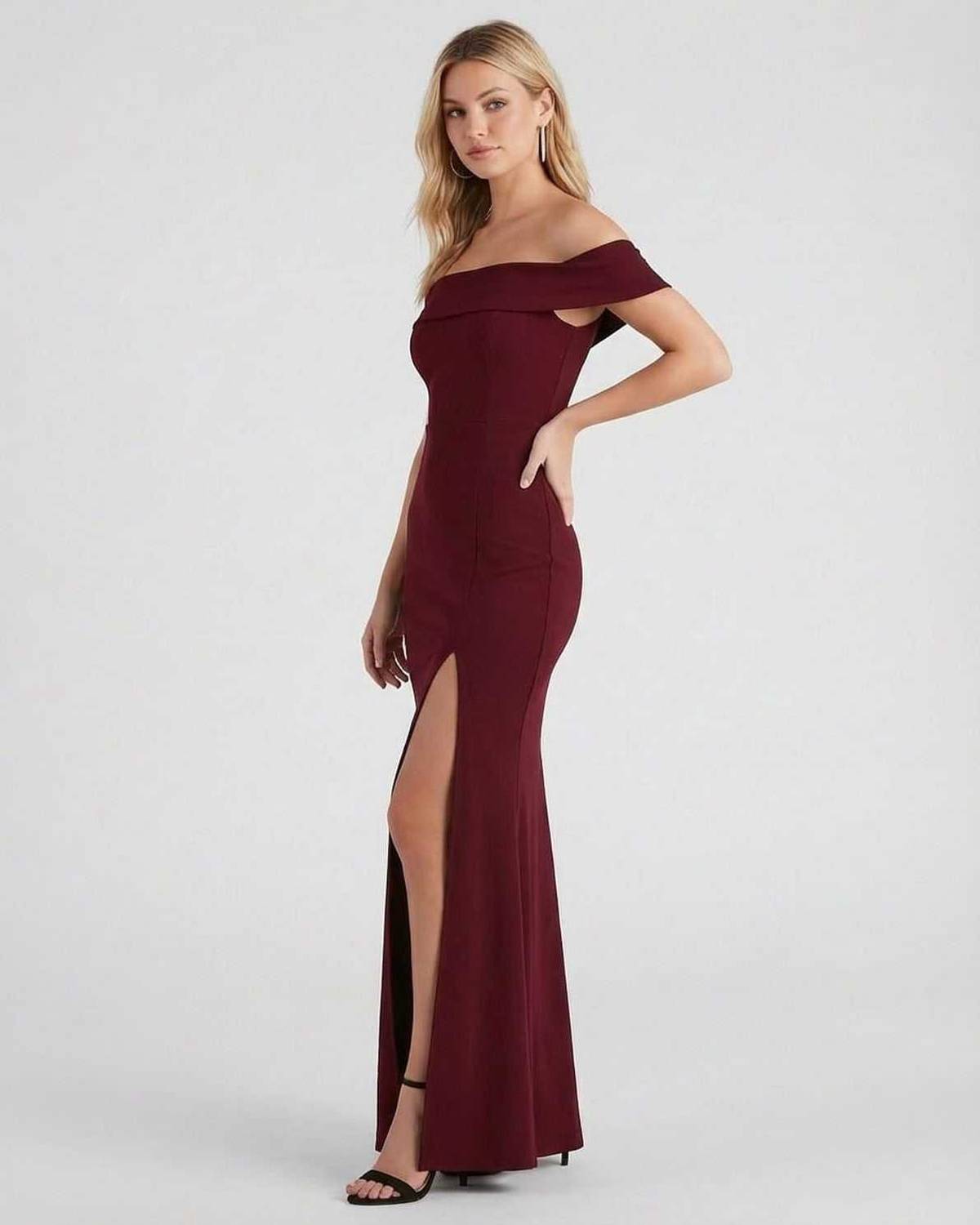 Kate Maxi Dress by Lauven - Elegant off-the-shoulder crepe knit dress with a high slit.
