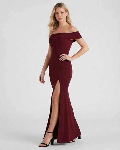 Kate Maxi Dress by Lauven - Elegant off-the-shoulder burgundy gown with thigh-high slit and form-hugging fit.