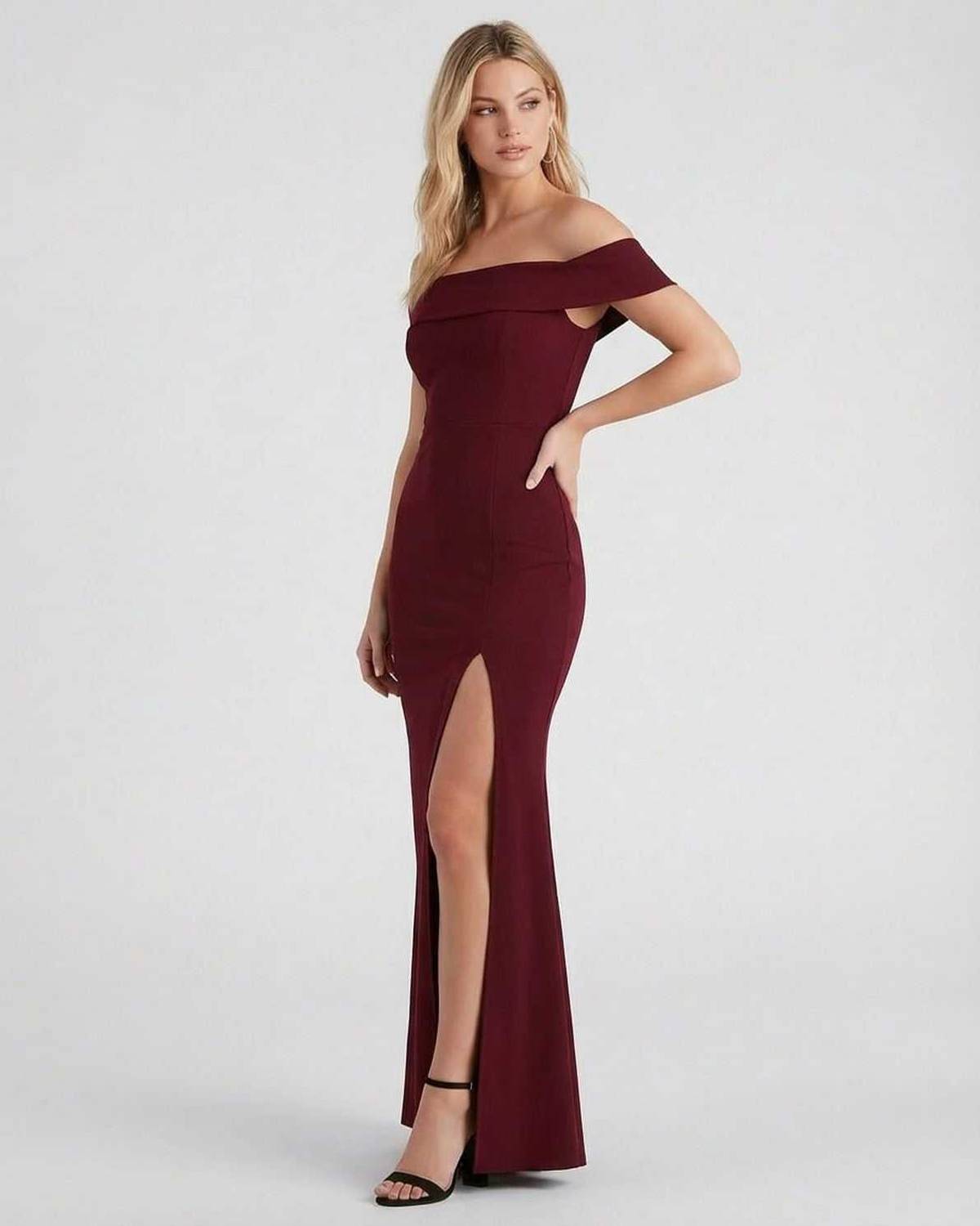 Kate Maxi Dress by Lauven in burgundy, featuring an elegant off-the-shoulder design and a sleek thigh-high slit.