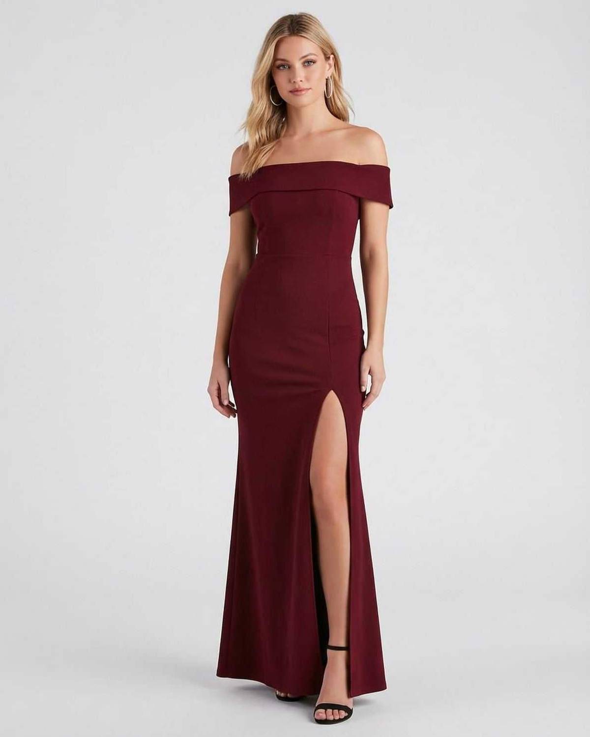 Kate Maxi Dress by Lauven, elegant off-the-shoulder crepe knit design with a thigh-high slit, perfect for special occasions.
