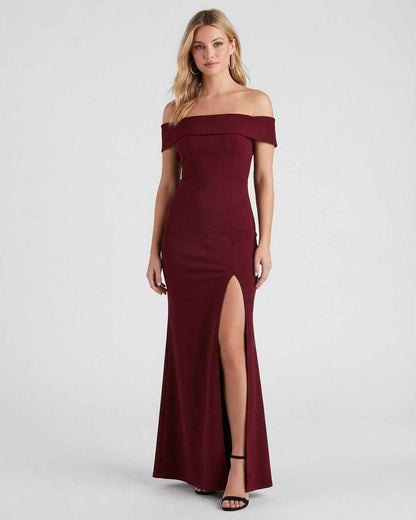 Kate Maxi Dress by Lauven, elegant off-the-shoulder crepe knit design with a thigh-high slit, perfect for special occasions.
