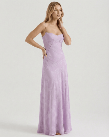 Liliora Maxi Dress by Lauven featuring a floral print and lace-up back in soft lavender, perfect for elegant occasions.