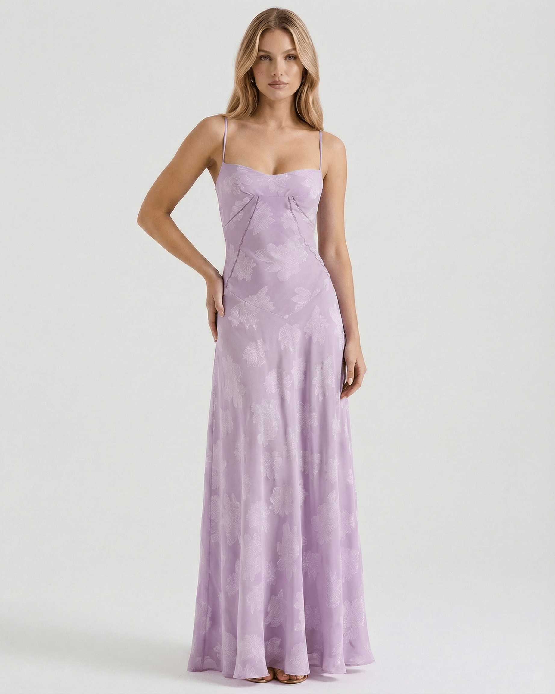 Liliora Maxi Dress by Lauven, featuring sheer fabric, lavender floral print, and elegant lace-up back design.