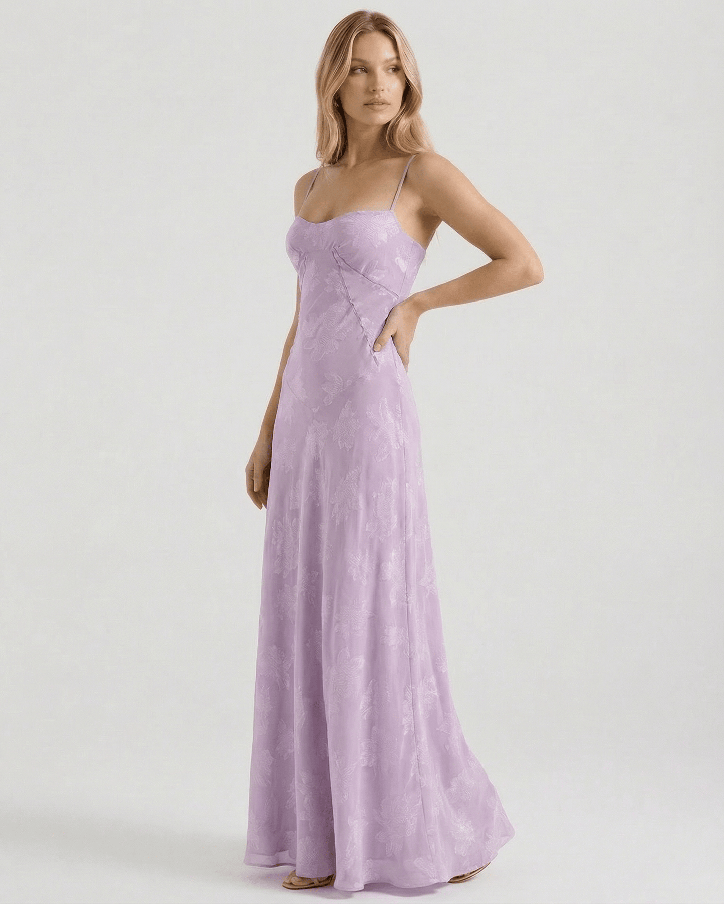 Liliora Maxi Dress by Lauven in soft lavender, featuring floral print, sheer fabric, and a structured bodice.