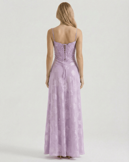 Liliora Maxi Dress by Lauven showcasing the elegant sheer lace-up back and floral print in soft lavender.