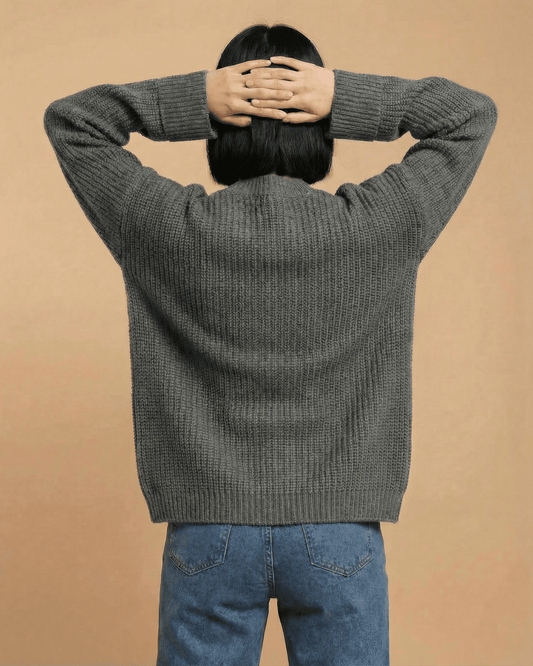 Linden Cardigan by Lauven, relaxed V-neck color block knit, showcasing comfortable back view.