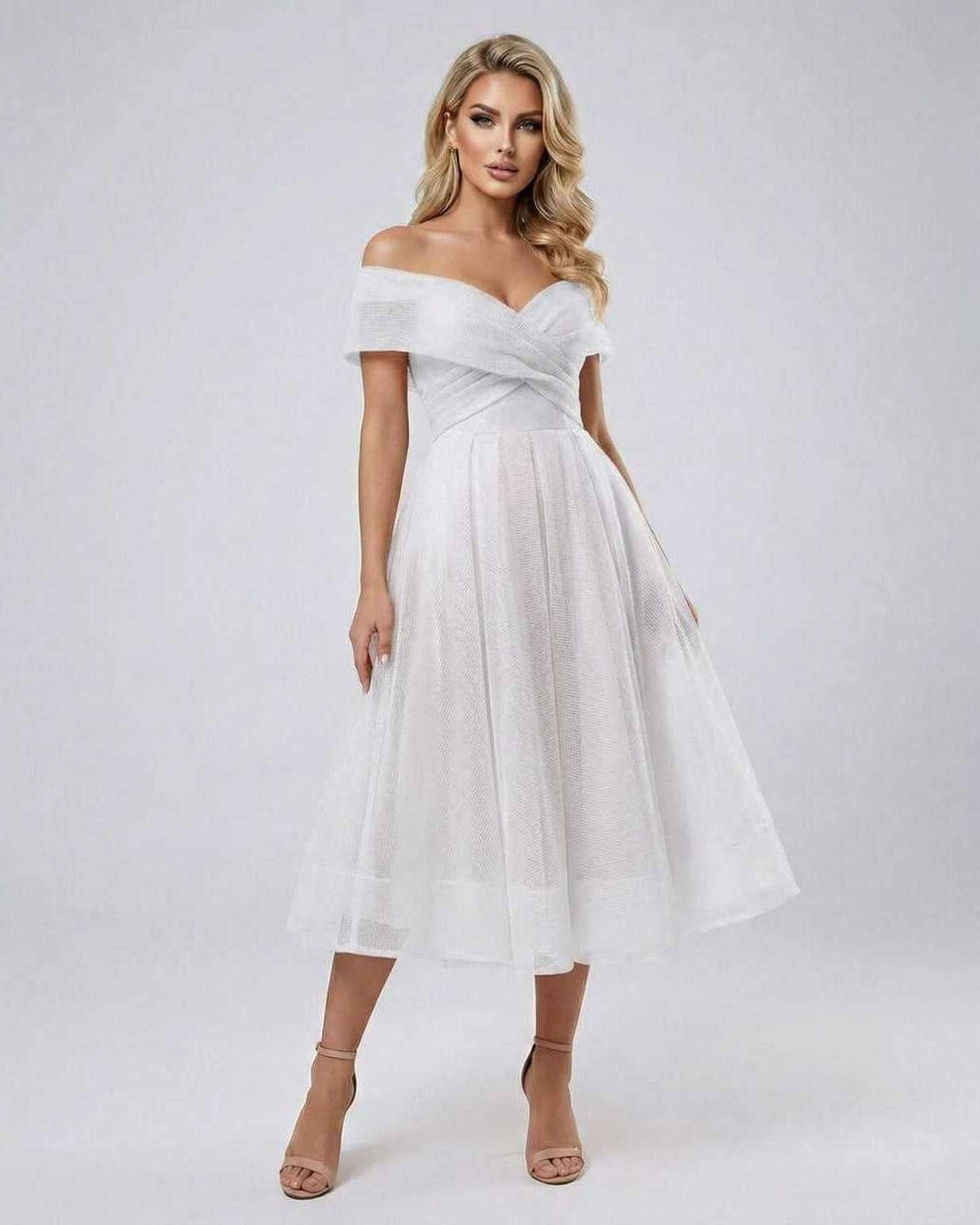 Liora Midi Dress by Lauven, elegant off shoulder white dress with flowing skirt and soft chiffon fabric.