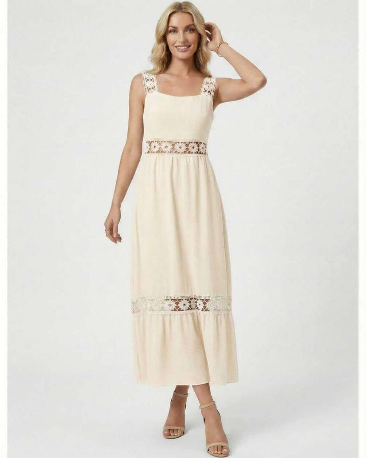 Liora Midi Dress by Lauven featuring delicate lace insets and a flattering A-line silhouette, perfect for elegant occasions.