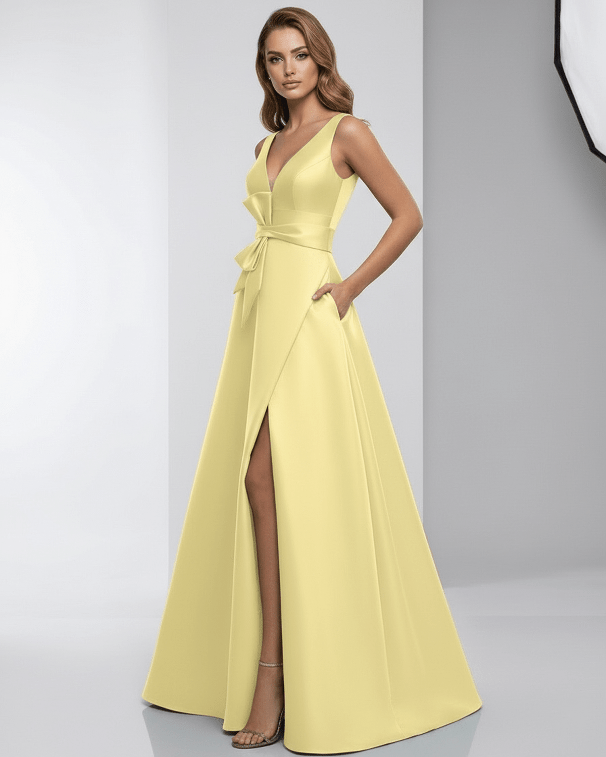 Lumia Maxi Dress - Yellow satin A-line, V-neck, elegant evening wear by Lauven, featuring a stunning silhouette.