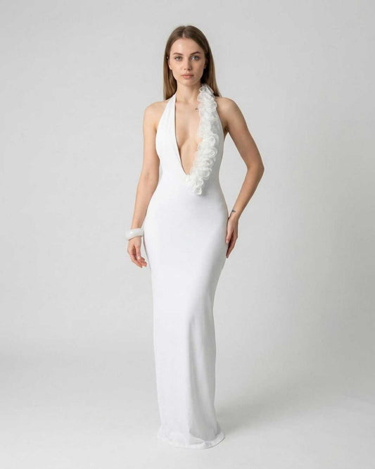 Lumière Maxi Dress by Lauven - White deep V neck backless dress with 3D floral detail