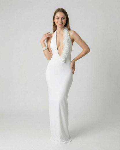 Lumière Maxi Dress by Lauven - white deep V neck backless maxi dress with sculptural 3D floral detail.