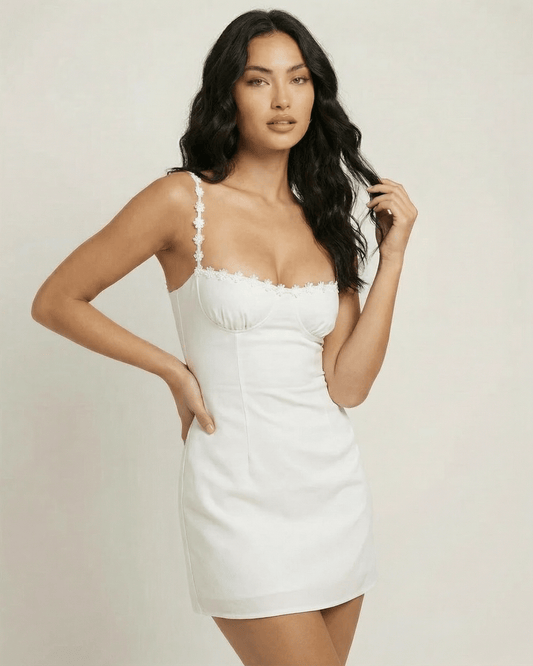 Lumiere Mini Dress by Lauven – White square neck spaghetti strap mini dress with floral detailing.