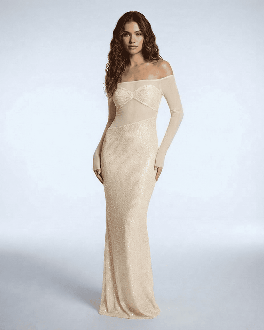 Lumira Maxi Dress by Lauven, featuring champagne sequins and nude mesh for an elegant evening look.