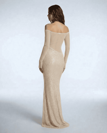 Lumira Maxi Dress by Lauven featuring a back view of the champagne sequin and mesh evening gown.