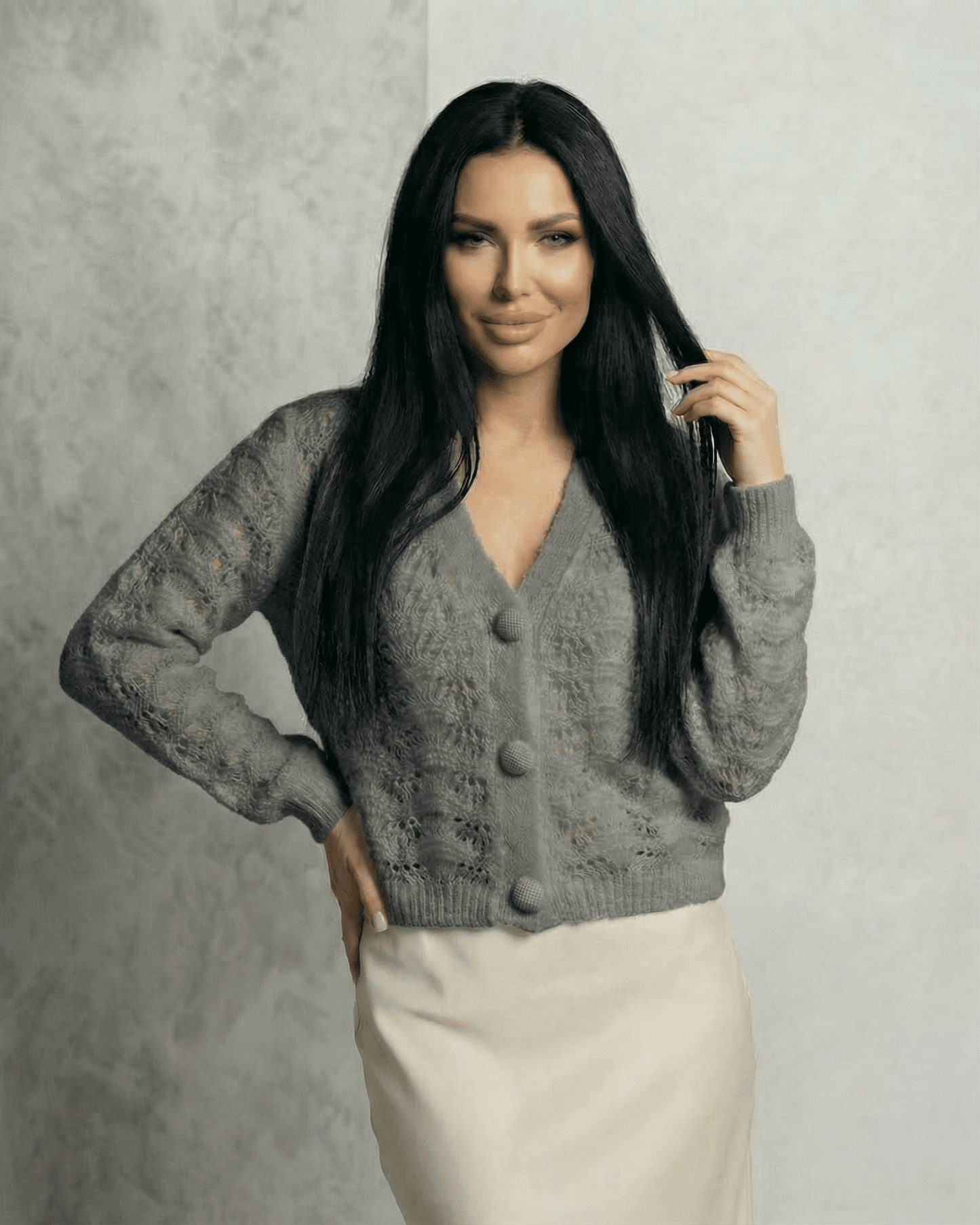 Lauven Luna Cardigan - Elegant lace knit V-neck cardigan in grey, featuring button front and long sleeves.