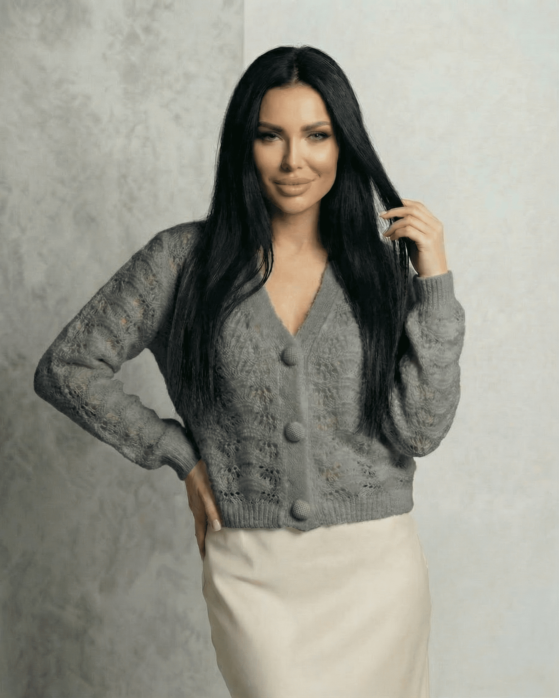 Lauven Luna Cardigan - Elegant lace knit V-neck cardigan in grey, featuring button front and long sleeves.