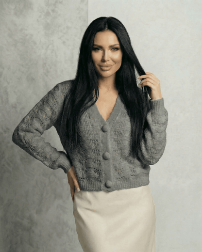 Lauven Luna Cardigan - Elegant lace knit V-neck cardigan in grey, featuring button front and long sleeves.