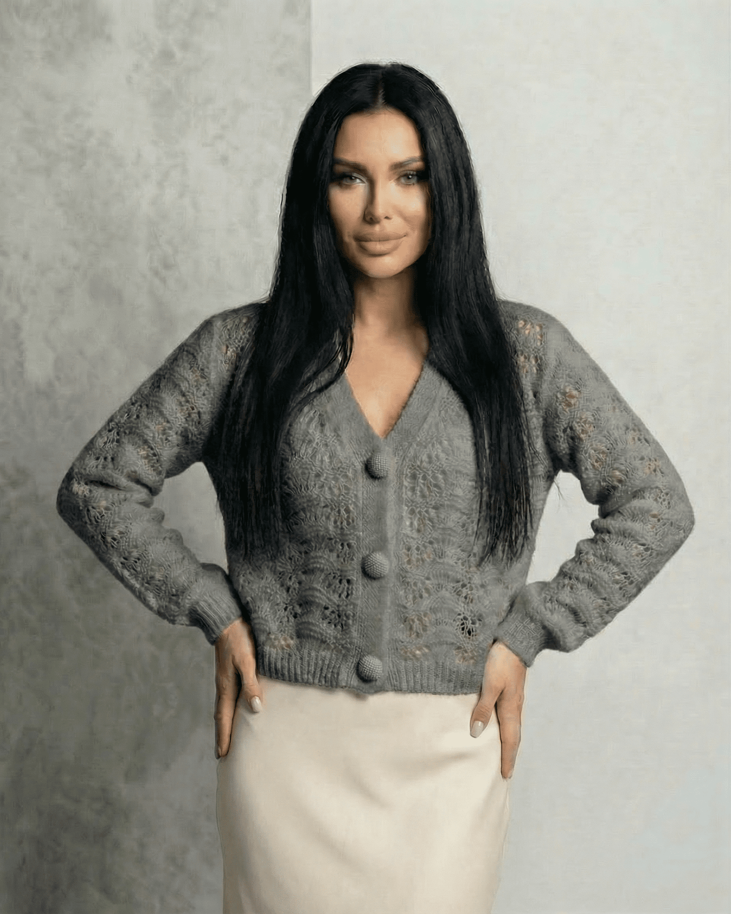 Luna Cardigan by Lauven, a gray lace knit button front cardigan with V-neck and long sleeves.