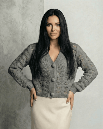 Luna Cardigan by Lauven, a gray lace knit button front cardigan with V-neck and long sleeves.