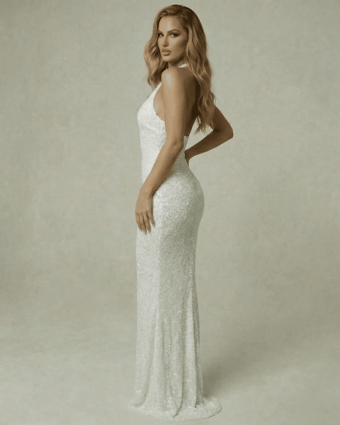 Luna Maxi Dress by Lauven, showcasing an elegant sequin sheath with floor-length silhouette.