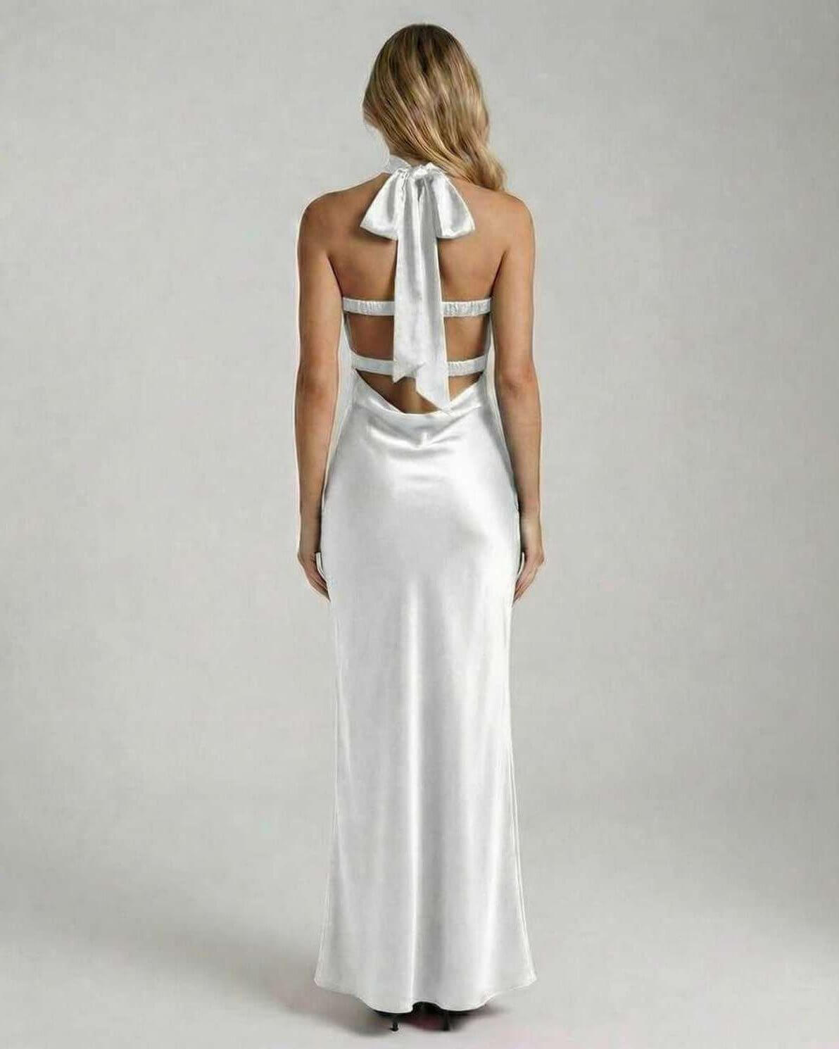 Luna Maxi Dress by Lauven, elegant white satin evening gown featuring a strapless design and a flowing fit and flare silhouette.