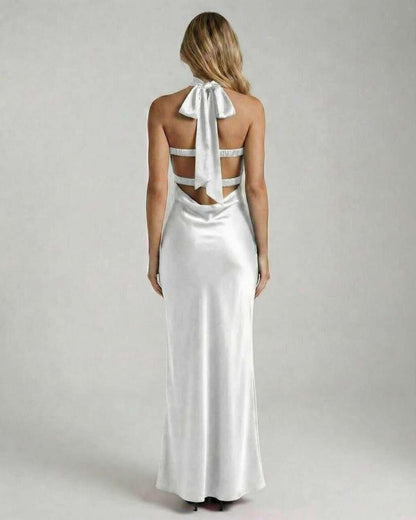 Luna Maxi Dress by Lauven, elegant white satin evening gown featuring a strapless design and a flowing fit and flare silhouette.