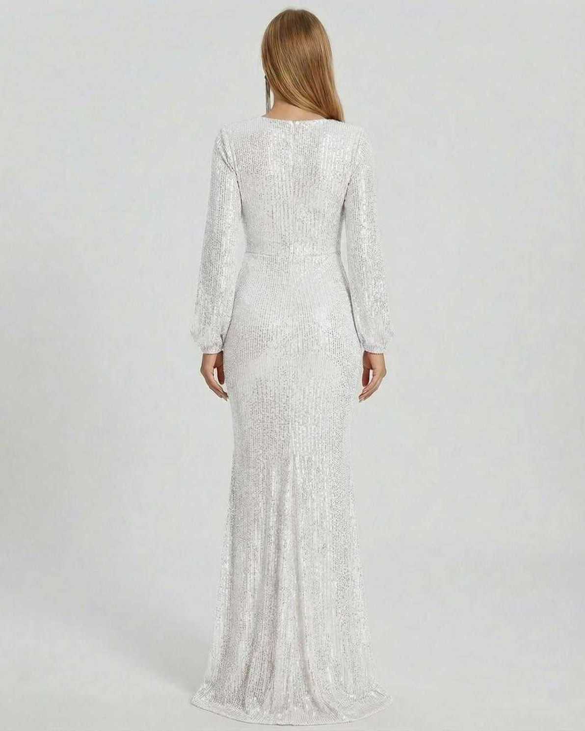 Luna Maxi Dress from Lauven, showcasing the back view with luxe sequin embellishment in radiant white.