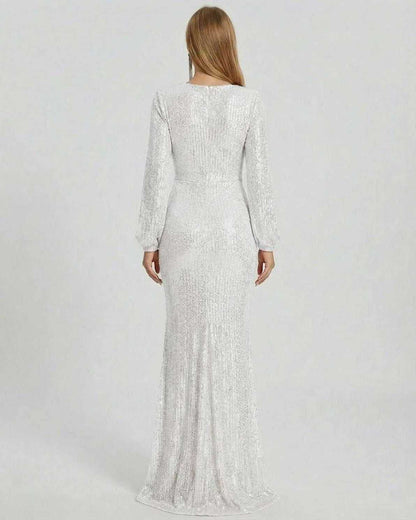 Luna Maxi Dress from Lauven, showcasing the back view with luxe sequin embellishment in radiant white.