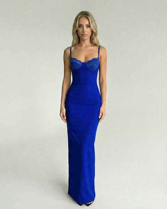 Luna Maxi Dress by Lauven in royal blue with lace bodice, featuring adjustable thin straps and elegant silhouette.