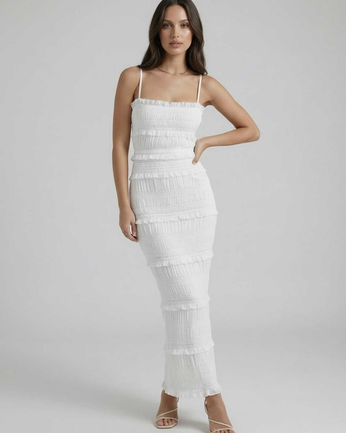 Luna Maxi Dress by Lauven – Elegant white sheath dress with spaghetti straps and textured pleating.