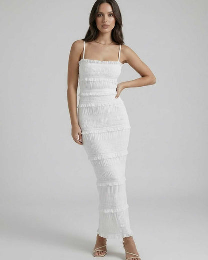 Luna Maxi Dress by Lauven – Elegant white sheath dress with spaghetti straps and textured pleating.
