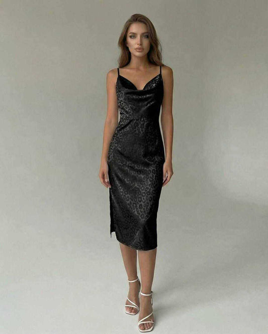 Lauven Luna Midi Dress - Black Spaghetti Strap Split Midi Dress model showcasing elegance and sophistication.