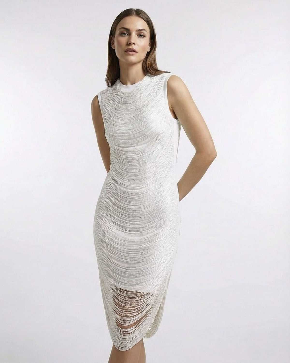 Luna Midi Dress by Lauven, a sophisticated bodycon dress with luminous texture and elegant design.