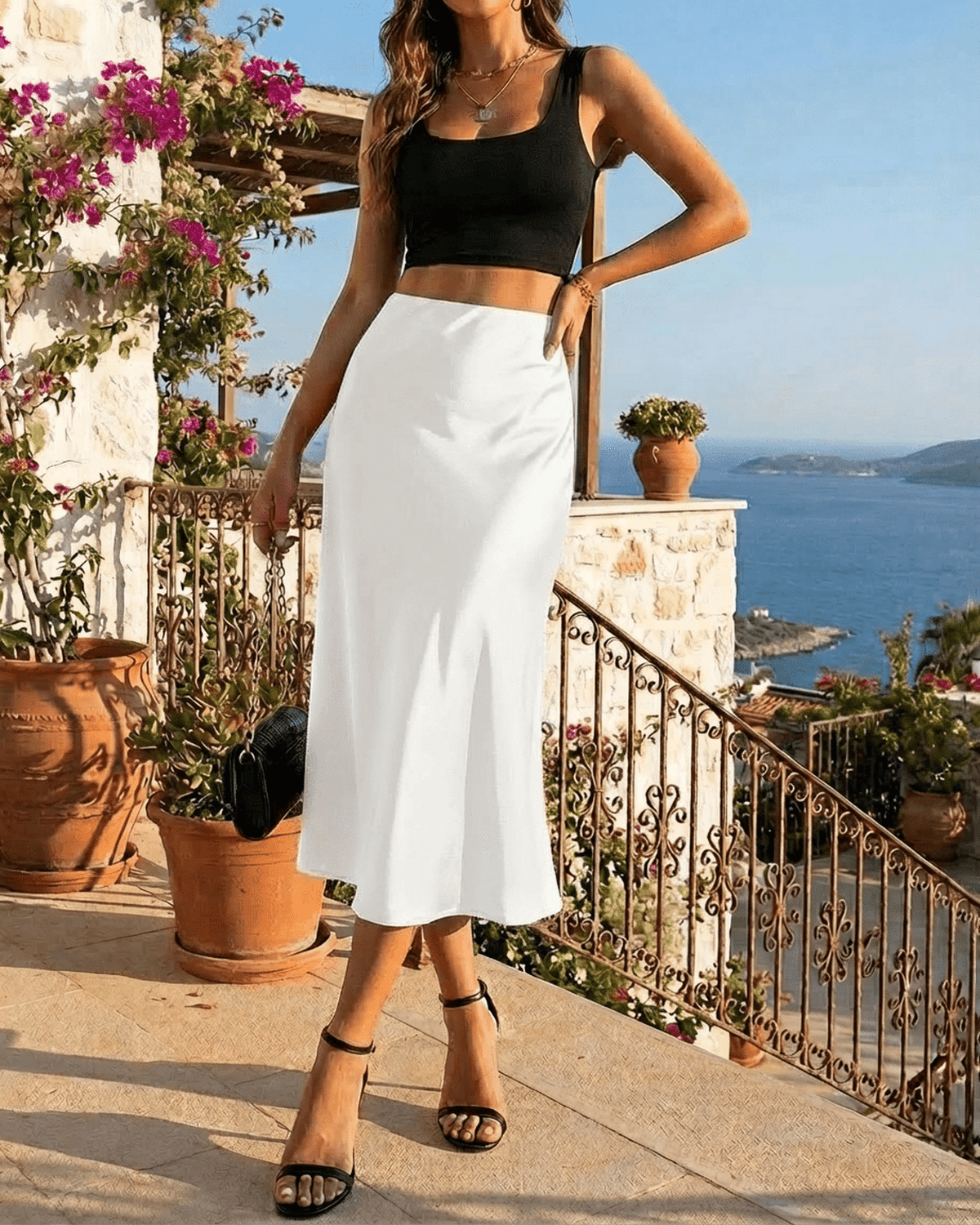 Luna Midi Skirt by Lauven, elegant satin mermaid skirt in timeless white, perfect for modern sophistication.