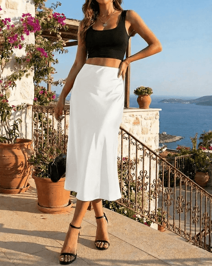 Luna Midi Skirt by Lauven, elegant satin mermaid skirt in timeless white, perfect for modern sophistication.