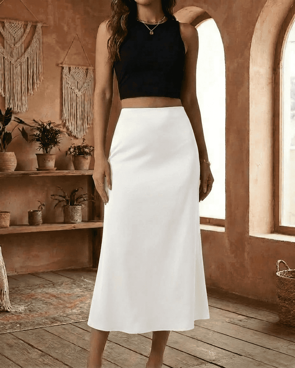 Lauven Luna Midi Skirt in elegant white, paired with a stylish black crop top for chic summer outfits.