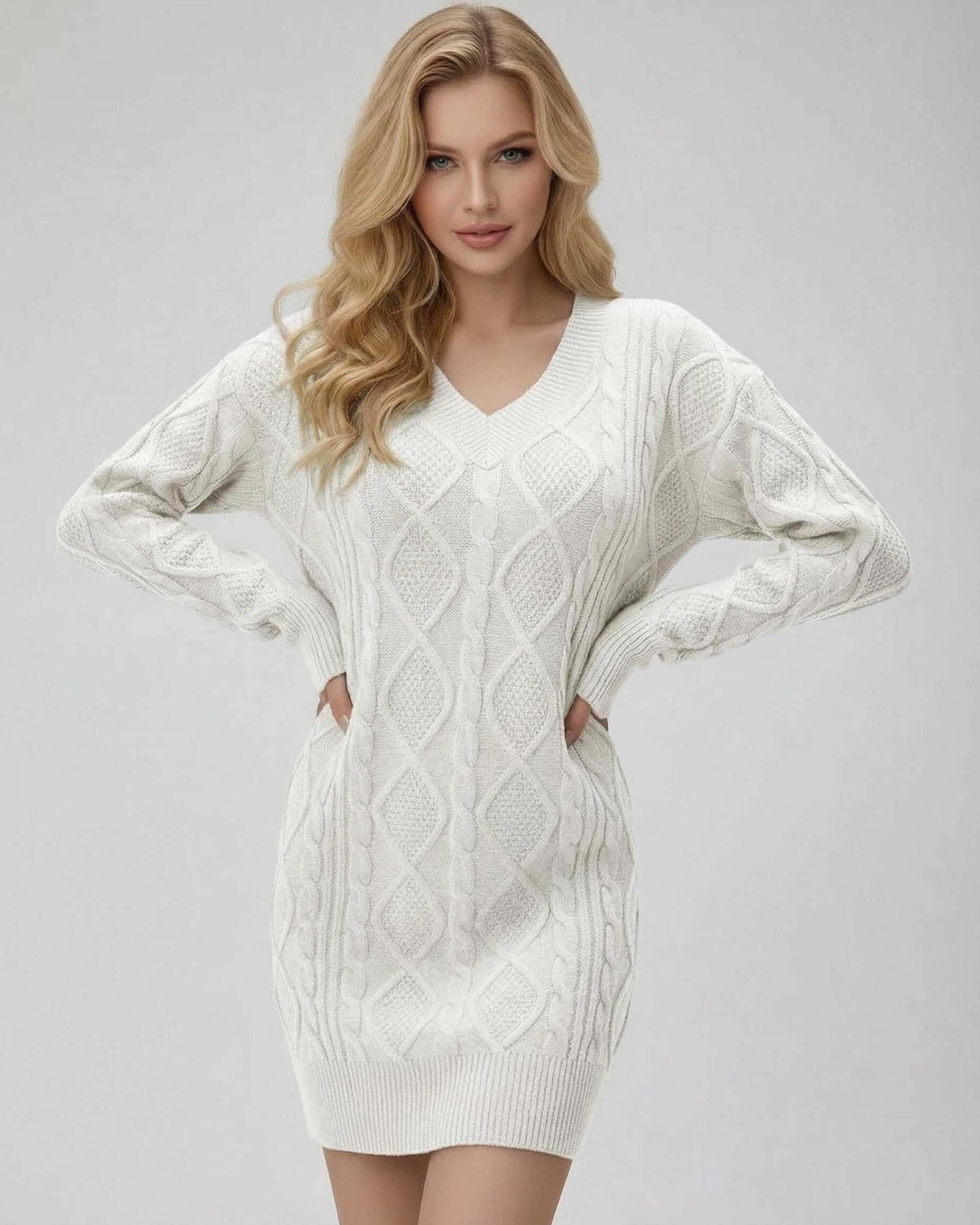 Luna Mini Dress by Lauven featuring a classic ribbed V-neck sweater design in ivory with a cable-knit texture.