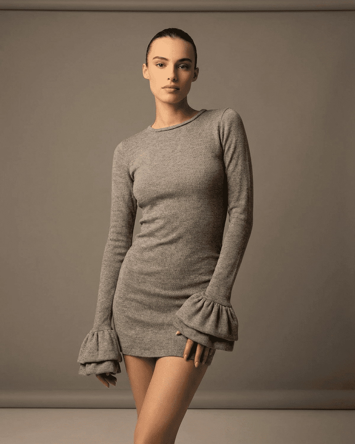 Luna Mini Dress by Lauven, elegant ruffled sleeve bodycon dress in grey with a soft fit.