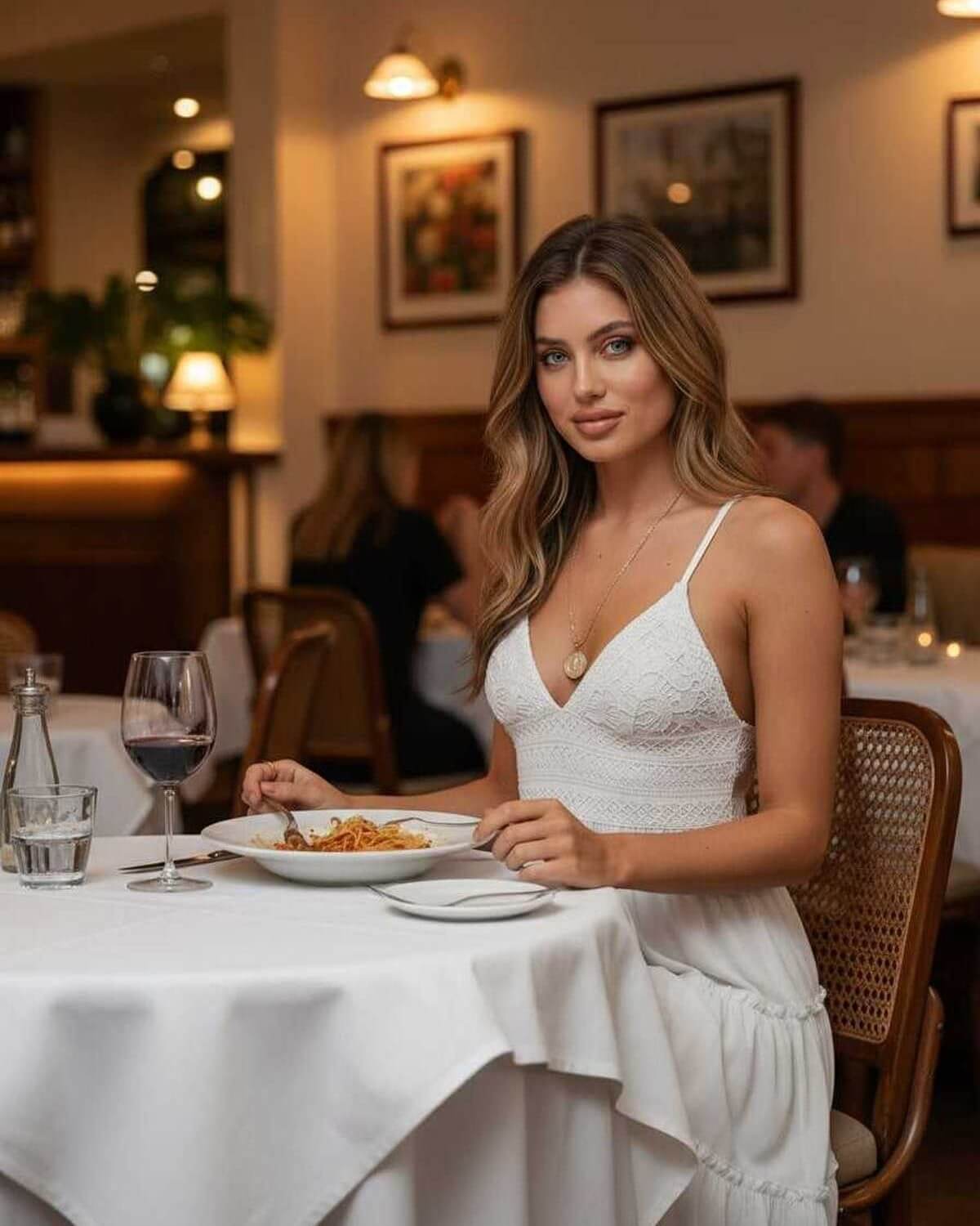 Model wearing the Lauven Luna Mini Dress with elegant lace bodice at a dining table.