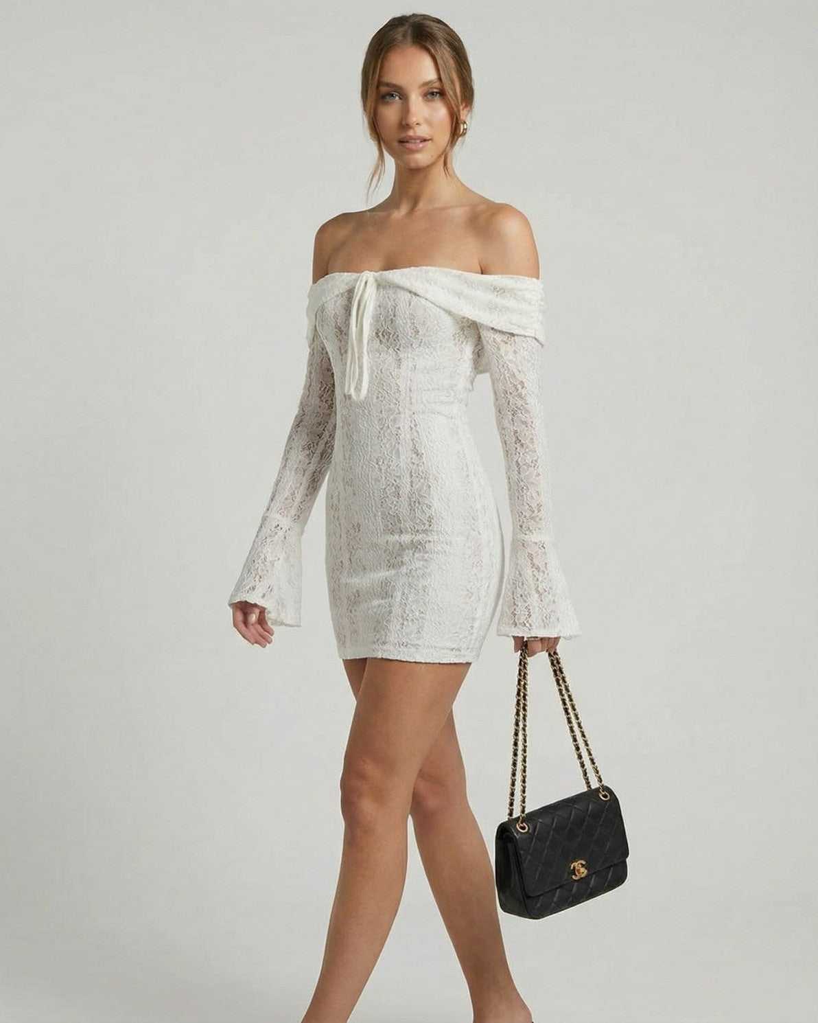 Luna Mini Dress by Lauven - Elegant off-shoulder lace dress in white with flared sleeves and chic detailing.