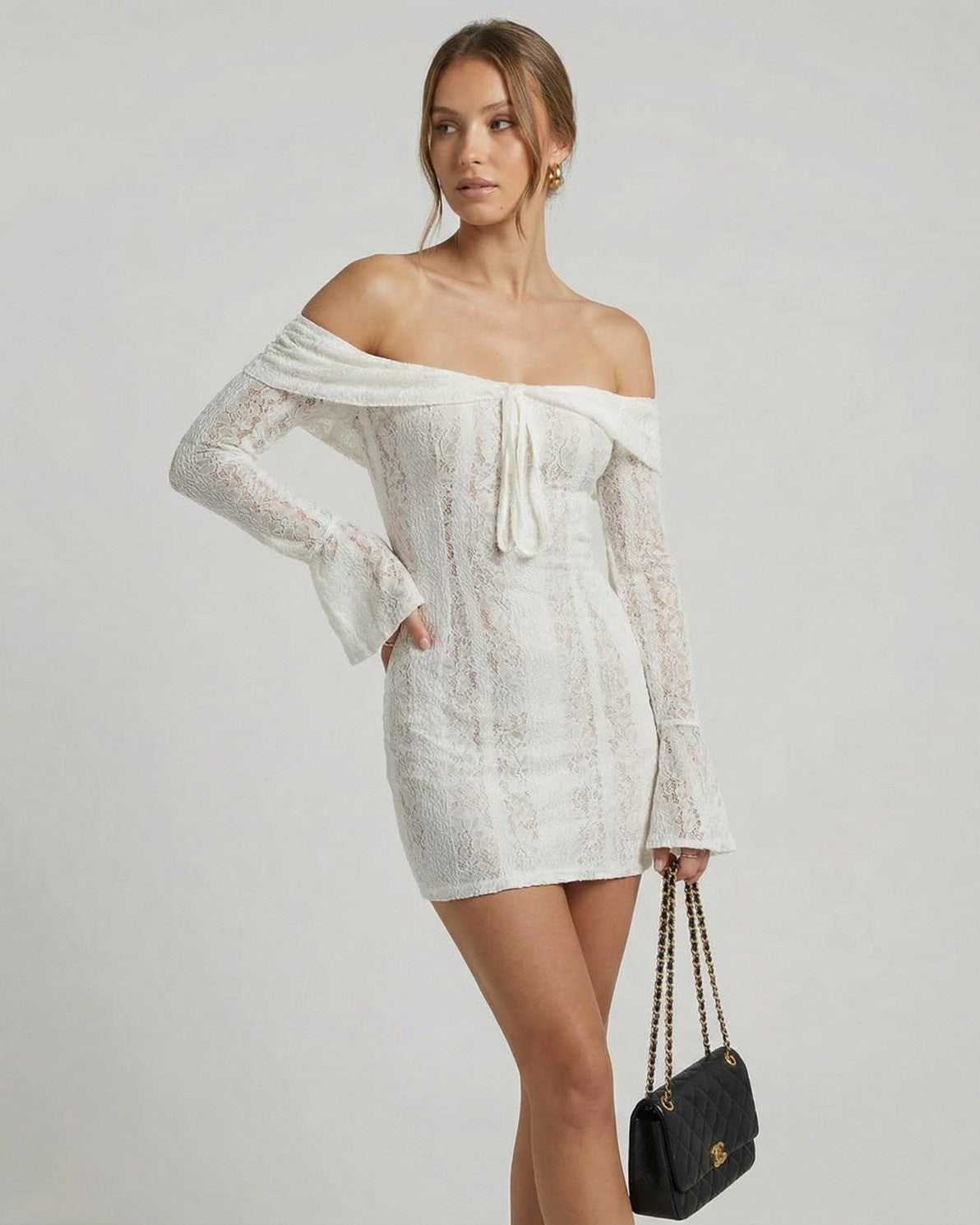 Luna Mini Dress by Lauven - Elegant off-shoulder lace dress in white with flared sleeves.