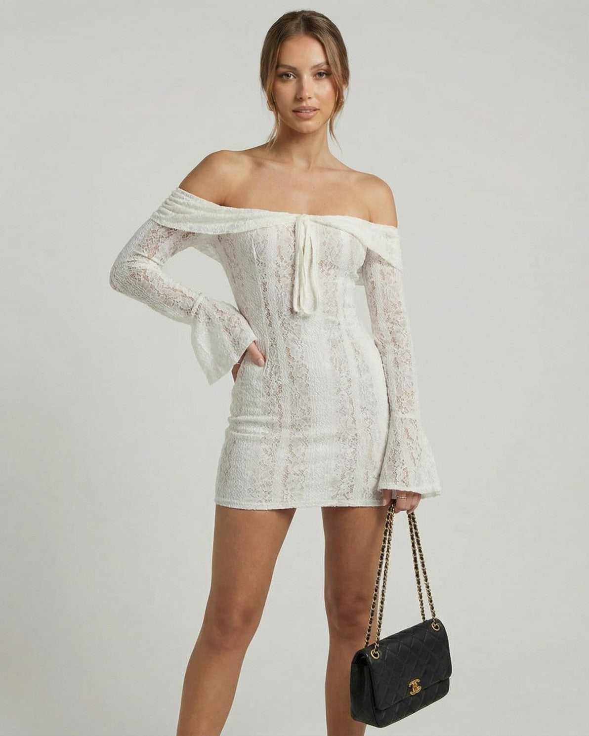 Luna Mini Dress by Lauven - Elegant off-shoulder lace design in white with flared sleeves and a fitted silhouette.
