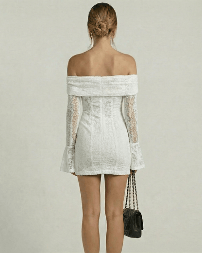 Luna Mini Dress by Lauven, elegant off-shoulder lace dress in white with flared sleeves and intricate detailing.