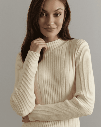 Luna Mini Dress by Lauven, featuring a knit mock neck and long sleeves in soft ribbed fabric.