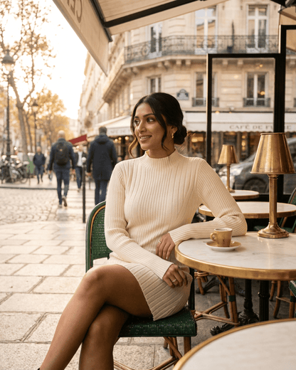 Lauven Luna Mini Dress worn by a woman seated at a café, showcasing its elegant knit design in a Parisian setting.
