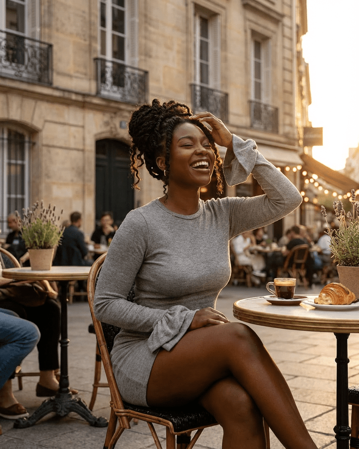 Smiling woman in Luna Mini Dress by Lauven, seated at a café with ruffled sleeves, enjoying coffee and pastry.
